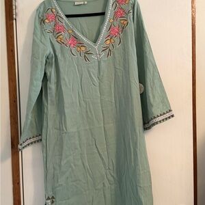 Spartina 449 Teal Dress with Pink Floral Embroidery